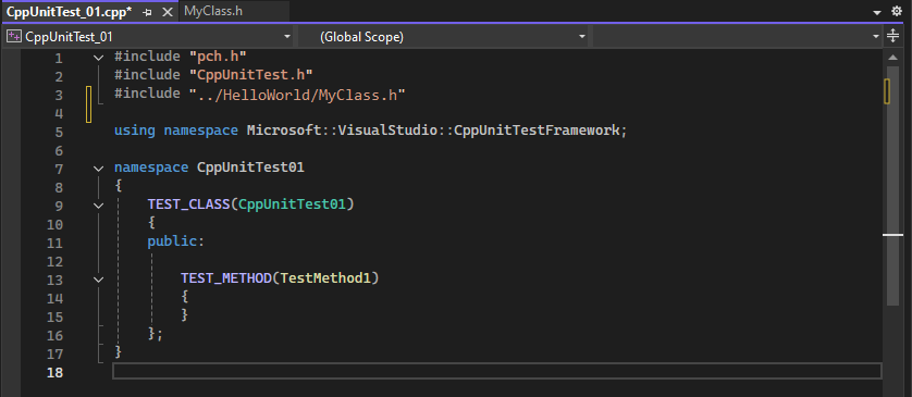 Captura de tela mostra uma classe stub e um método usando as macros TEST_CLASS e TEST_METHOD no Visual Studio 2022.