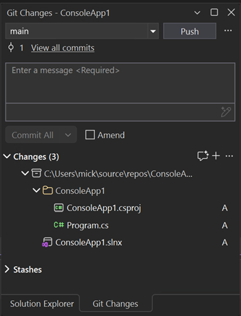 Captura de tela que mostra a janela Alterações do Git no Visual Studio.