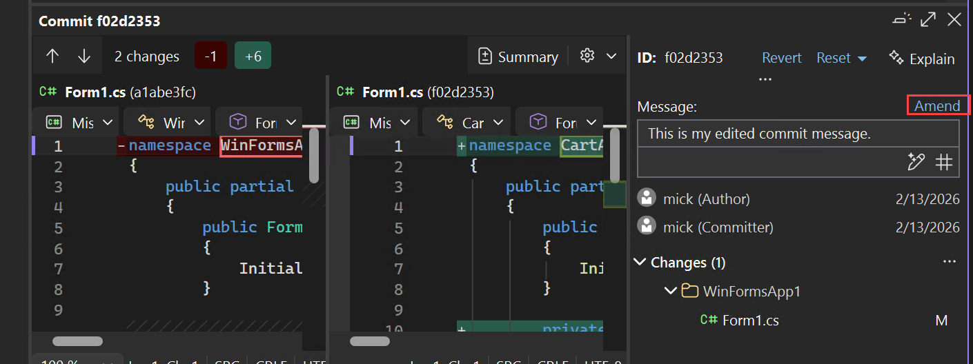 Captura de tela de como salvar uma mensagem editada selecionando Alterar.