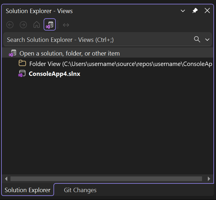 Captura de tela da Visão de Pasta no Solution Explorer no Visual Studio.