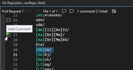 Captura de tela mostrando o ícone Adicionar comentário ao revisar uma alteração de arquivo em uma solicitação de pull.