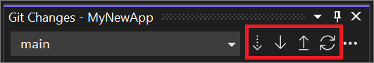 A janela Alterações do Git com os controles de botão Buscar, Puxar, Pressionar e Sincronizar realçados no Visual Studio 2022.
