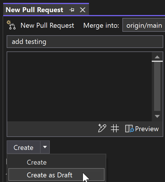 Captura de tela mostrando a opção de criar um novo pull request como um rascunho.