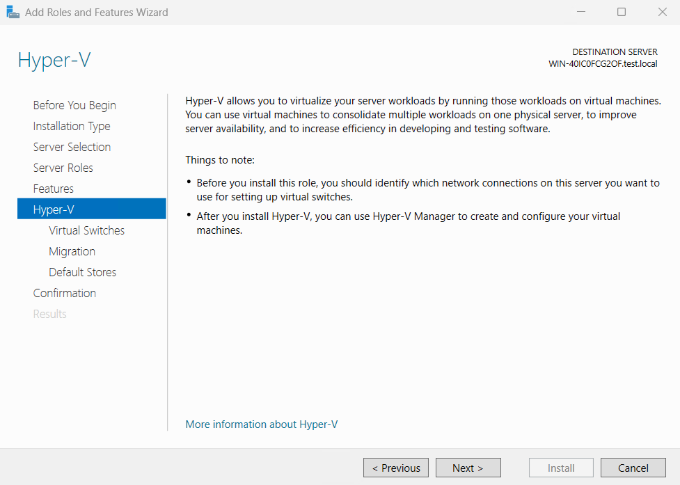 Captura de tela das configurações de instalação do Hyper-V.