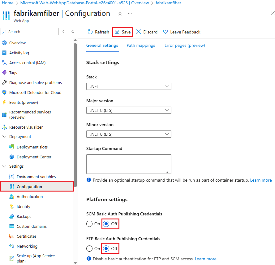 Captura de ecrã que mostra como desativar a autenticação básica para o Serviço de Aplicações do Azure no portal do Azure.