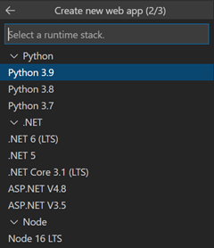 Uma captura de ecrã da caixa de diálogo no VS Code usada para selecionar a stack de runtime para a nova aplicação web.