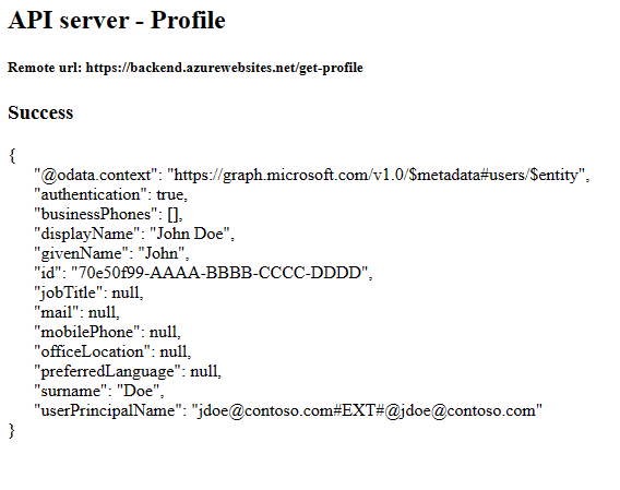 Captura de ecrã do navegador de internet que mostra a aplicação front-end depois de obter com sucesso o perfil real da aplicação back-end.