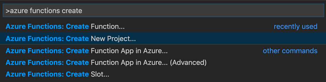 Captura de ecrã da janela Criar Novo Projeto no Visual Studio Code para Azure Functions.