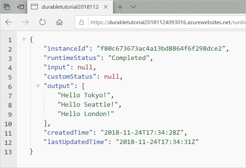 Captura de ecrã da aplicação Python Durable Functions completa a correr no Azure.