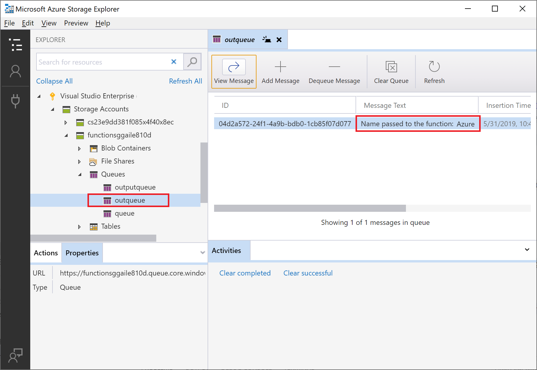  Captura de ecrã da mensagem da fila mostrada em Azure Storage Explorer.