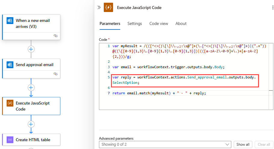 Captura de ecrã que mostra o fluxo de trabalho Consumo e a ação Executar Código JavaScript com um exemplo de código atualizado.