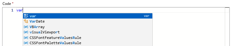 Captura de tela mostrando o fluxo de trabalho Consumo, a ação Executar código JavaScript e a lista de preenchimento automático de palavras-chave.
