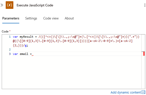 Captura de tela mostrando o fluxo de trabalho Consumo, a ação Executar código JavaScript e o código de exemplo que cria variáveis.