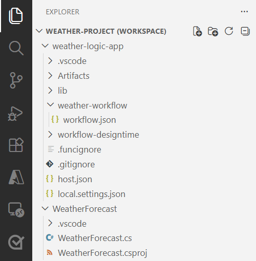 A screenshot mostra o espaço de trabalho criado com o projeto da aplicação lógica e o projeto de funções .NET.