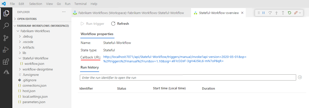 A captura de ecrã mostra a página de visão geral do fluxo de trabalho com o URL de chamada de retorno.