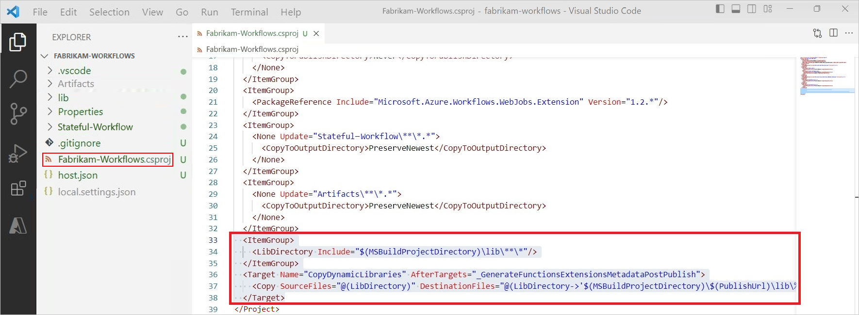 O screenshot mostra assemblies migradas e código adicionado no ficheiro CSPROJ.