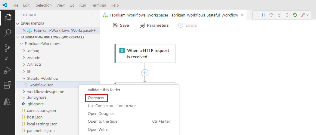 A captura de ecrã mostra o painel do Explorador, o menu de contexto do ficheiro workflow.json com a opção selecionada, Visão Geral.