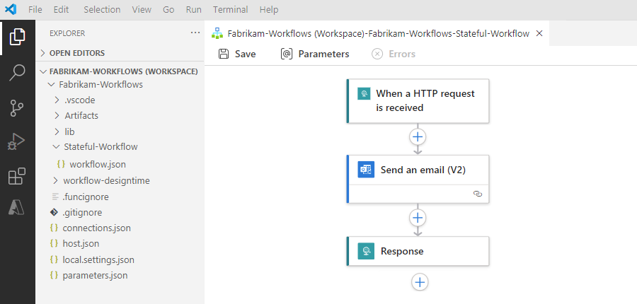 Captura de tela que mostra o Visual Studio Code, o espaço de trabalho do aplicativo lógico, o projeto e o fluxo de trabalho.