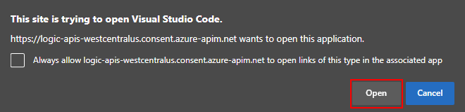 A captura de tela mostra o prompt para abrir o link para o Visual Studio Code.