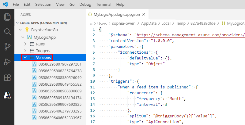 Captura de ecrã que mostra o Visual Studio Code e as versões anteriores de uma aplicação lógica.