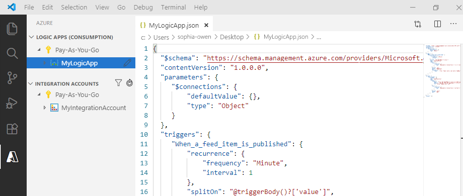 Captura de ecrã que mostra um exemplo de definição de fluxo de trabalho de aplicação Lógica de Consumo no Visual Studio Code.