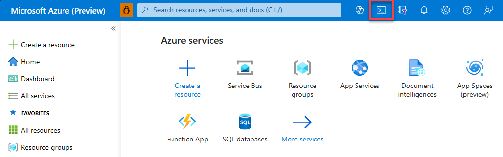 Uma captura de ecrã que mostra como aceder Azure CLI de Desenvolvedor a partir de Cloud Shell.