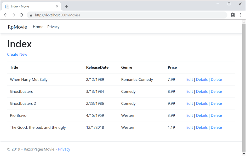 Aplicação de filmes aberta no Chrome mostrando dados de filmes