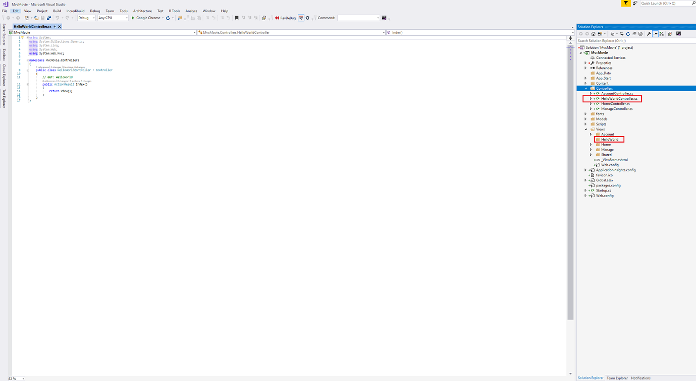 Captura de ecrã que mostra o separador Hello World Controller.cs aberto. No Explorador de Soluções, a subpasta Hello World Controller.cs e a subpasta Hello World estão assinaladas a vermelho.