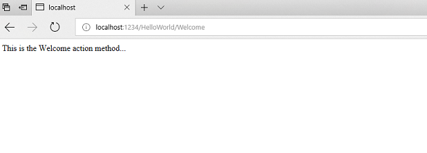 Captura de ecrã que mostra o separador do host local com o texto Este é o método de ação Boas-vindas na janela.