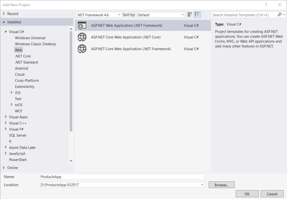 Captura de ecrã das opções do modelo 'adicionar novo projeto', destacando os passos e seleções para criar o novo projeto.