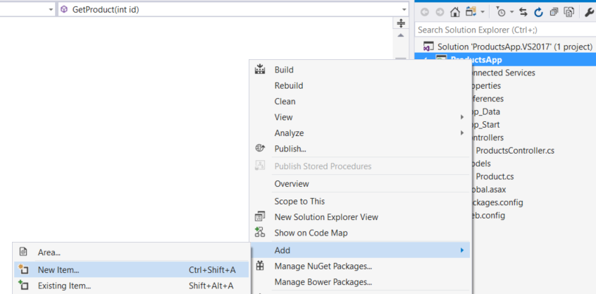 Captura de ecrã do menu do explorador de soluções, a destacar a opção da aplicação de produtos para mostrar as opções de menu para adicionar um novo item.