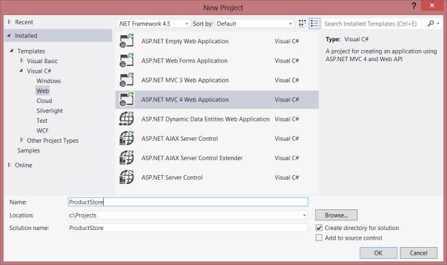 Captura de ecrã do novo ecrã do projeto do Visual Studio. Uma aplicação web S P dot net M V C 4 está destacada.