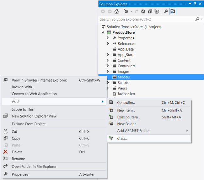 Captura de ecrã do menu Solutions Explorer para a pasta Models. O menu Adicionar está aberto e a opção de Classe está destacada.