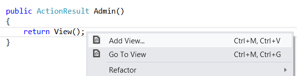 Captura de ecrã do menu de visualização do administrador. Adicionar vista e o atalho de teclado Ctrl + M Ctrl + V estão destacados.