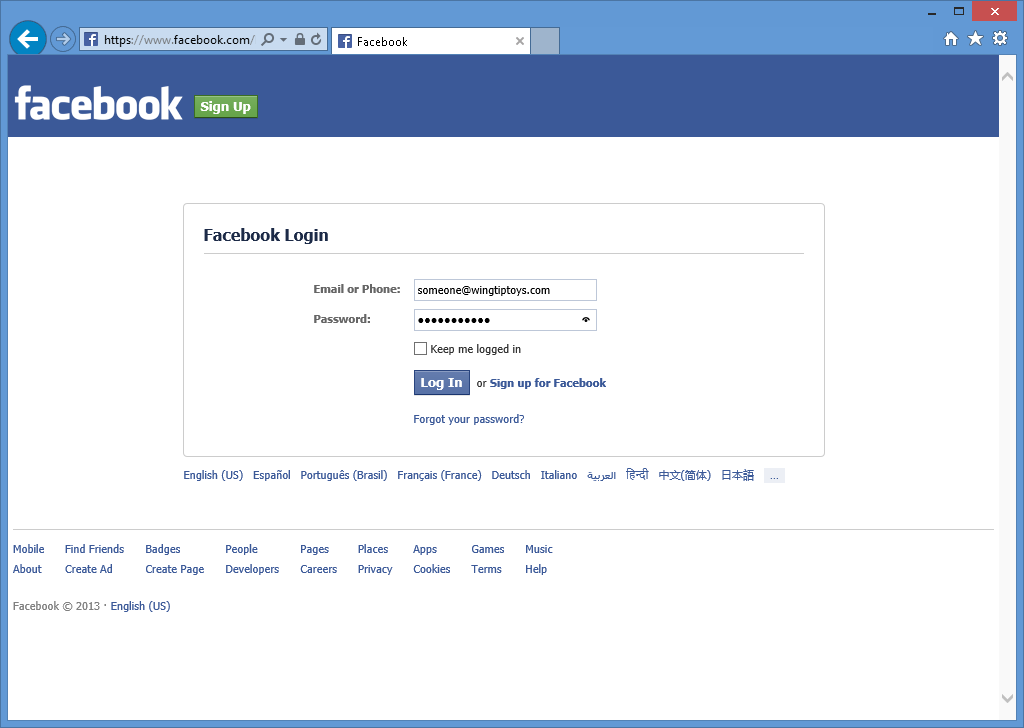 Imagem da página de login do Facebook