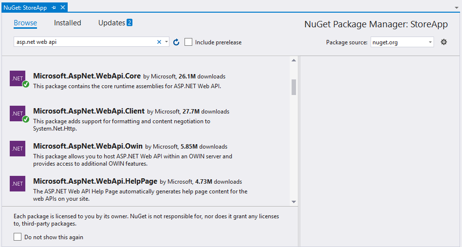 Instalar o pacote de núcleo da API Web