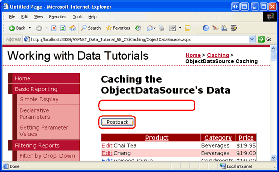 Clicar no botão Postback faz com que o GridView seja reconstruído a partir de seu estado de exibição
