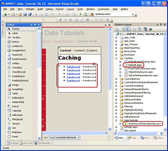 Figura 2: Adicionar o controle de usuário SectionLevelTutorialListing.ascx ao Default.aspx