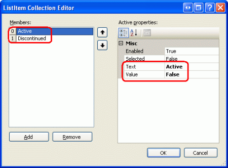 Adicionar opções ativas e descontinuadas à RadioButtonList