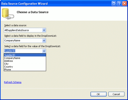 Configure o Suppliers DropDownList para usar os campos de dados CompanyName e SupplierID