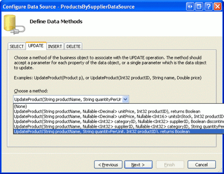 Configure o ObjectDataSource para usar o método sobrecarregado UpdateProduct que foi recém-criado