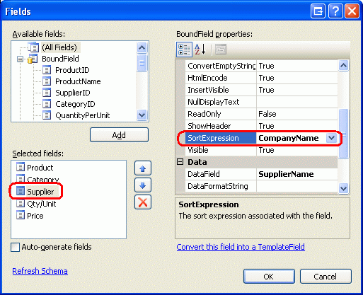 Altere o SupplierName BoundField s SortExpression para CompanyName