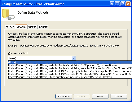Defina as listas de Drop-Down nas abas UPDATE, INSERT e DELETE como (Nenhum)