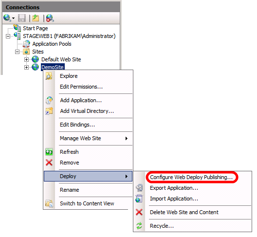 No IIS Manager, no painel de Conexões, clique com o botão direito no nó do seu site (por exemplo, DemoSite), aponte para Deploy e depois clique em Configurar Web Deploy Publishing.