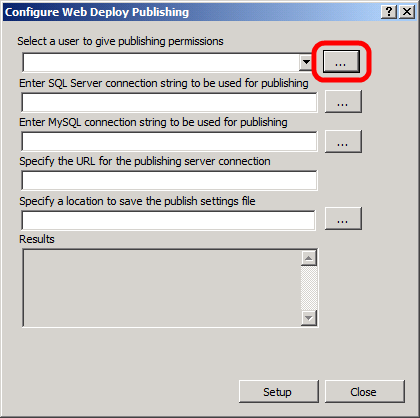 Na caixa de diálogo Configurar Publicação do Web Deploy, à direita da lista de seleção de utilizadores para dar permissões de publicação, clique no botão com reticências.