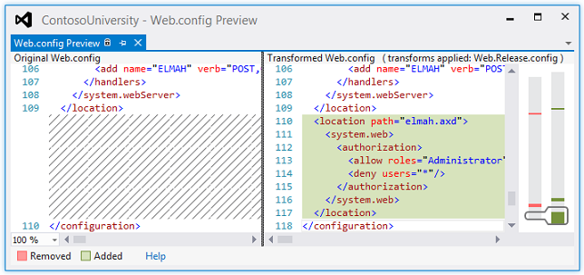 Captura de ecrã mostrando a Web.config Pré-visualização com o ficheiro de desenvolvimento à esquerda e como será o ficheiro implementado à direita com as alterações realçadas.