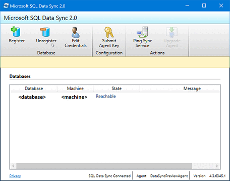 Captura de tela do aplicativo Microsoft SQL Data Sync 2.0 mostrando que o banco de dados e a máquina do SQL Server agora estão registrados.