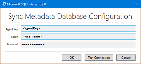 Captura de tela do aplicativo de agente cliente do Microsoft SQL Data Sync 2.0. Insira a chave do agente e as credenciais do servidor.