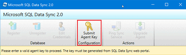 Captura de tela do aplicativo de agente cliente do Microsoft SQL Data Sync 2.0. O botão Enviar chave do agente está realçado.