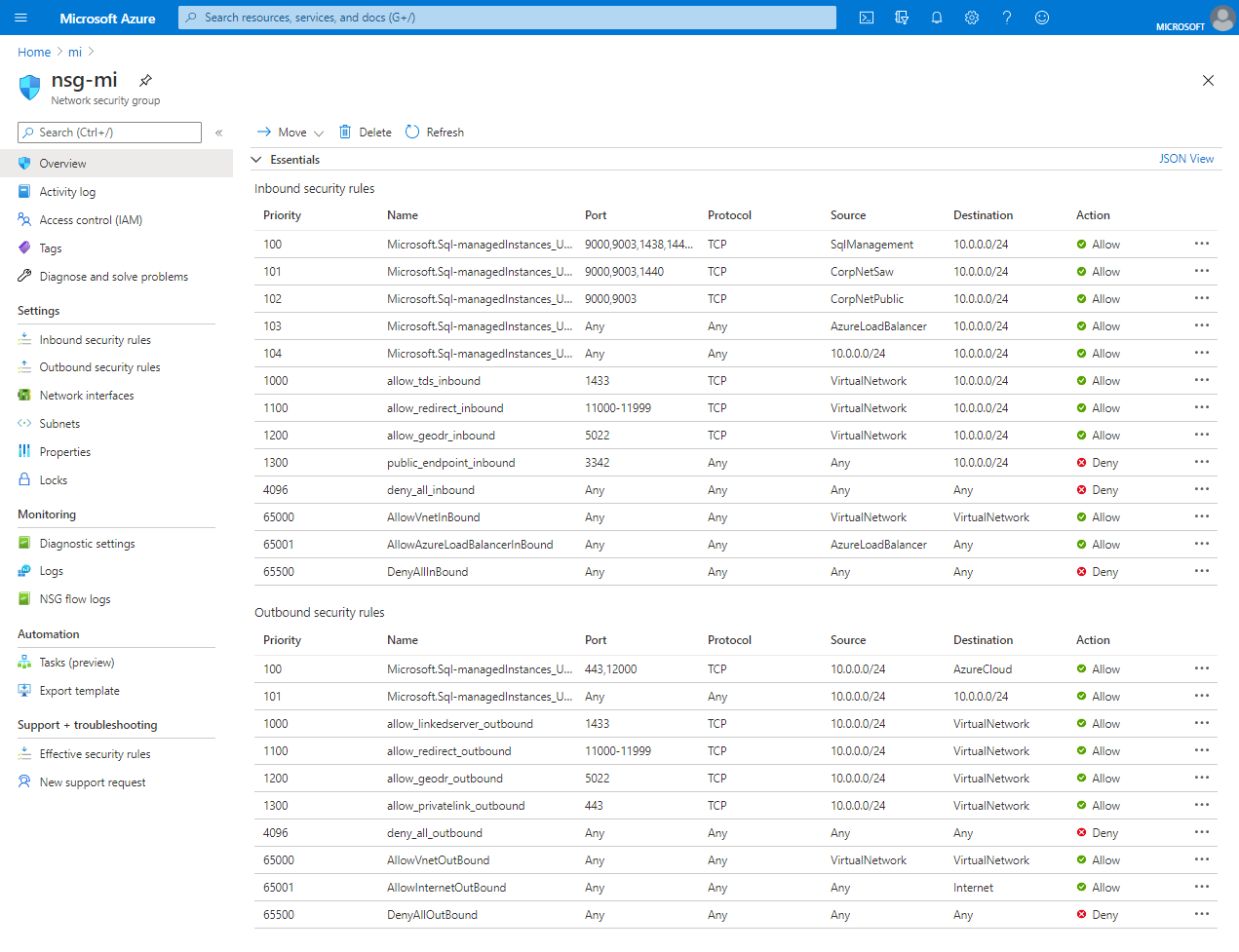 Captura de ecrã das regras de Segurança para a sua instância no portal do Azure.